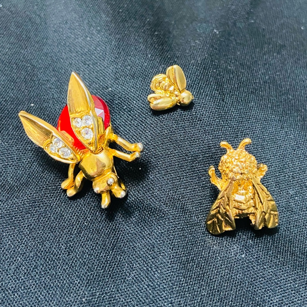3-Piece Set - Gold and Red Beetle Brooch with Large & Mini Bee